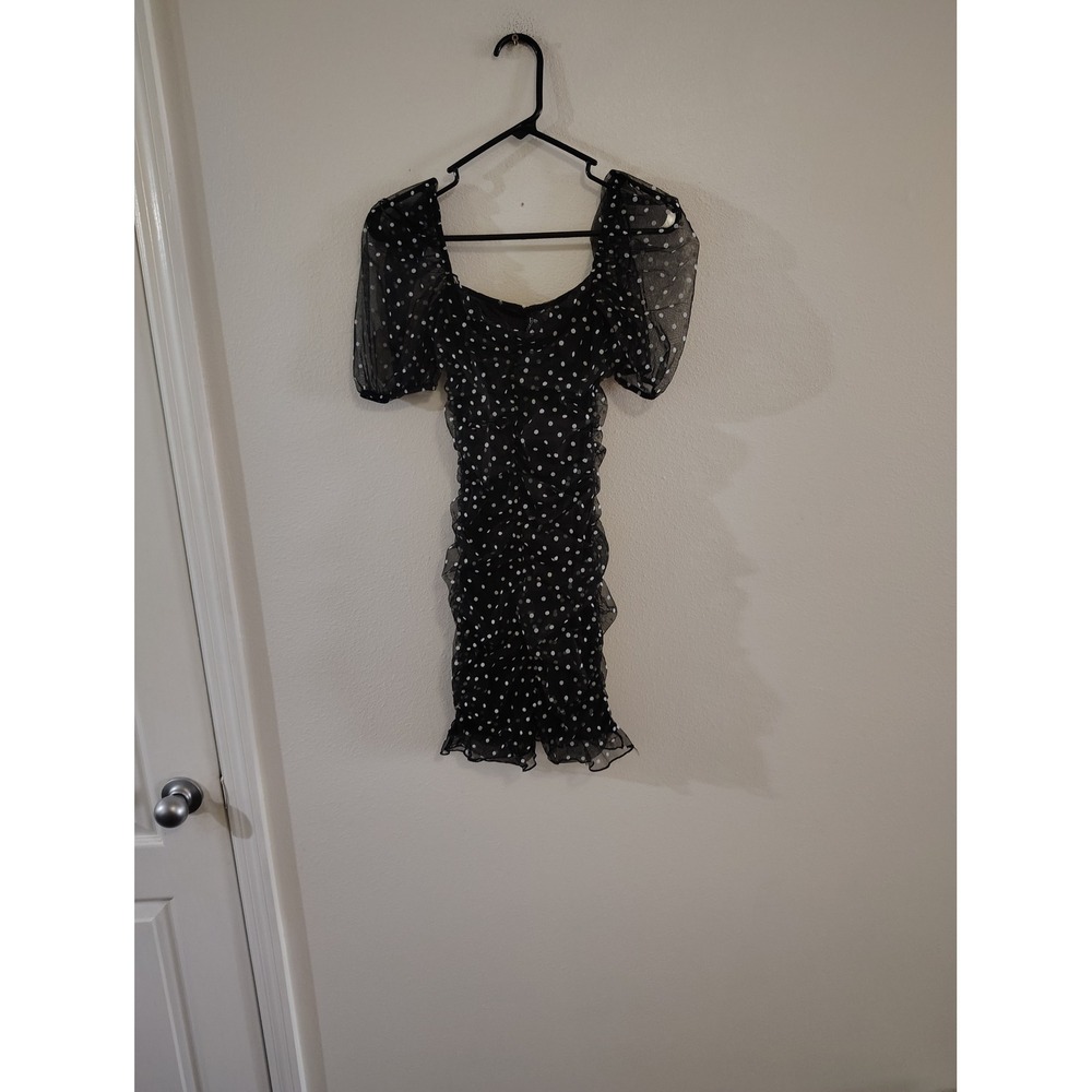 H&M Divided Polka Dot Mesh Ruched‎ Puff Sleeve Mini Dress Black White XXS
